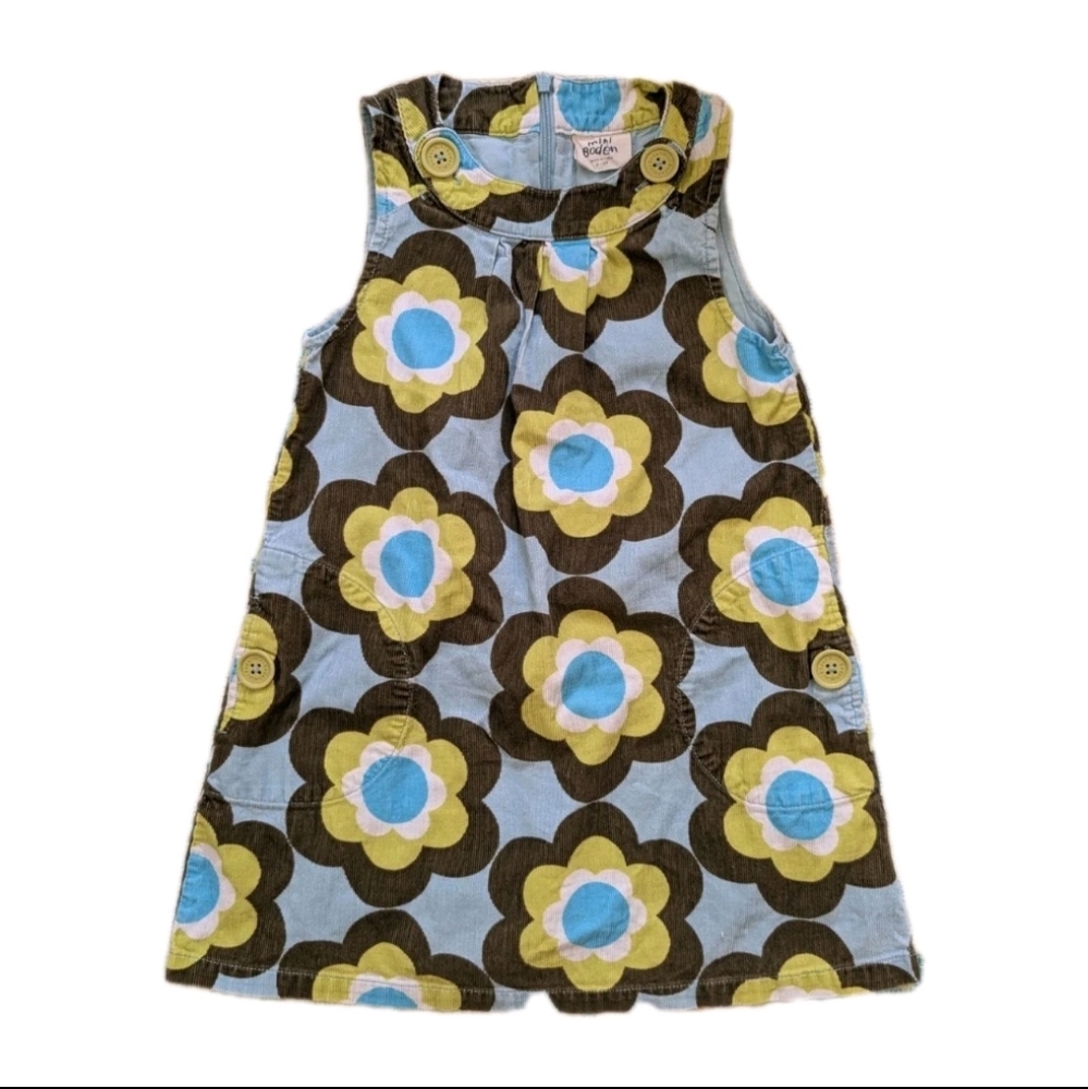 MINI BODEN Blue Green Corduroy Floral Jumper Dress 5-6 Casual School Retro Mod